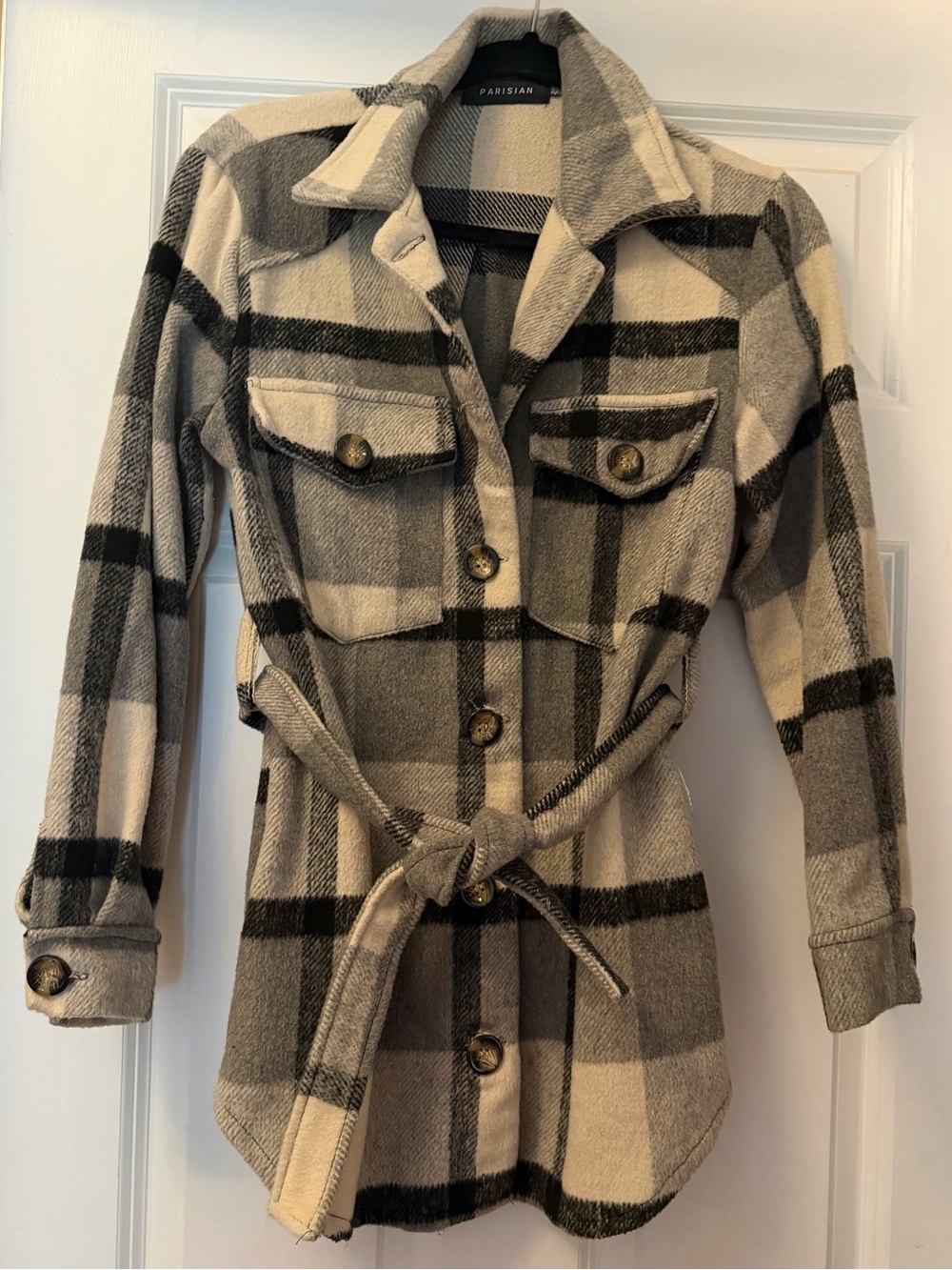 Parisian Works Beige and Gray Plaid Belted Shacket